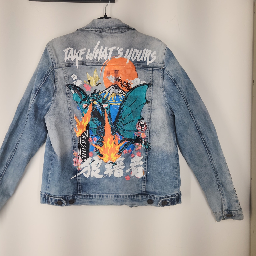 Reason Flaming Dragon Denim Jacket with Colorful Prints. Size M.   #G02 - Picture 5 of 15